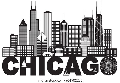 Chicago City Skyline Panorama Black Outline Silhouette with Text Isolated on White Background vector Illustration