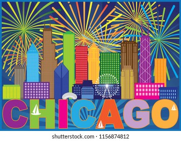 Chicago City Skyline Panorama Color Outline Silhouette Fireworks with Text Background Illustration