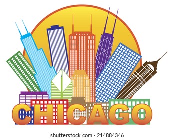 Chicago City Skyline Panorama Color Outline Silhouette in Circle with Text Isolated on White Background Vector Illustration