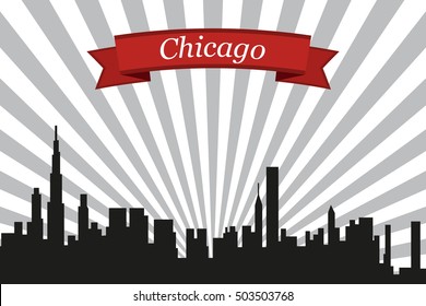 Chicago city skyline with rays background and ribbon