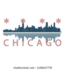 Chicago city skyline with reflection, stars and type - Vector