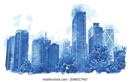 Chicago City Skyline Silhouette. Blue Watercolor Cityscape