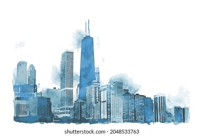 Chicago City skyline silhouette. Blue watercolor cityscape