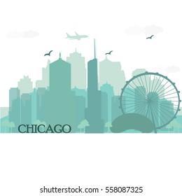 Chicago city skyline silhouette with famous city landmarks. Flat style vector illustration.