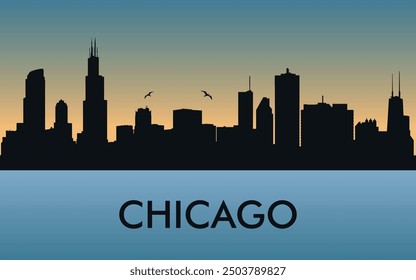 Chicago. The city skyline. Silhouettes of buildings. The sunset of the day. Vector on a blue background