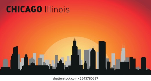 Horizonte de la ciudad de Chicago con siluetas de edificios con el telón de fondo de un Grande sol amarillo y cielo anaranjado. Vector en el fondo de la puesta del sol