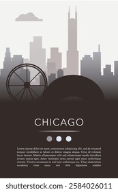 Chicago city template for website, presentation, front page, invitation, publication sheet with skyline, landmarks. Vector Illinois, USA image layout, simple and grayscale