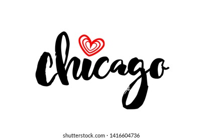 Chicago city text with red love heart design for typographic icon design suitable for touristic promotion