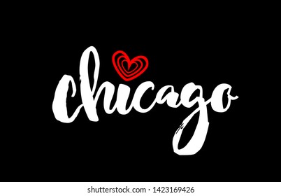 Chicago city text with red love heart design on black background for typographic logo icon design