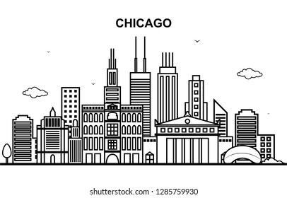 Chicago City Tour Cityscape Skyline Line Outline Illustration