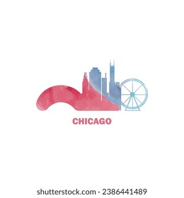 Chicago city US watercolor cityscape skyline panorama vector flat modern logo icon. USA, Illinois state of America emblem with landmarks and building silhouettes. Isolated red and blue graphic