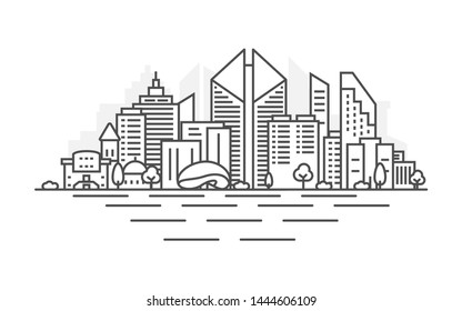 Chicago city, USA architecture line skyline illustration. Linear vector cityscape with famous landmarks, city sights, design icons. Landscape with editable strokes.