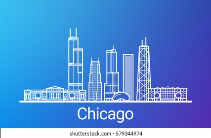 Chicago city white line on colorful background. All Chicago buildings - customizable objects with opacity mask, so you can simple change composition and background. Line art.