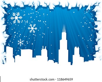 Chicago city winter background with ice border and silhouette