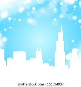 Chicago city winter background with ice border and silhouette