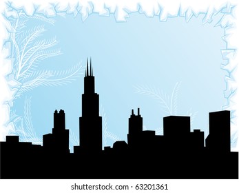 Chicago city winter background with ice border and black silhouette