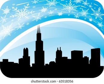 Chicago city winter background with snow wave