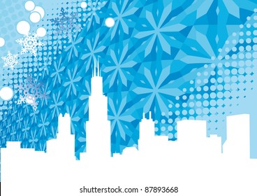 Chicago city winter background with snow wave