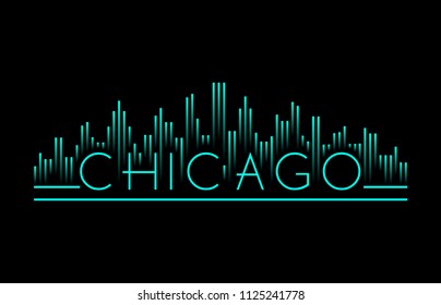 Chicago cityscape with light blue wave concept building line style