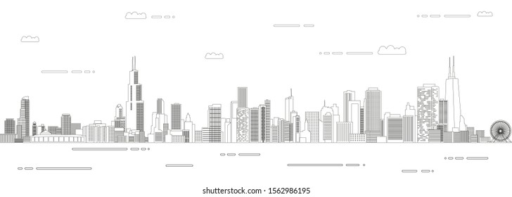 Chicago cityscape line art style vector poster illustration. Travel background