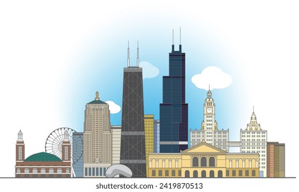 Chicago cityscape line art style vector illustration in colour