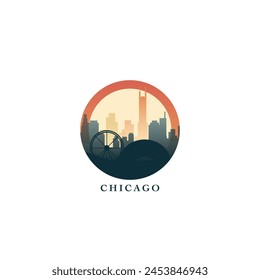 Chicago cityscape, vector gradient badge, flat skyline logo, icon. USA, Illinois state city round emblem idea with landmarks and building silhouettes. Isolated abstract graphic