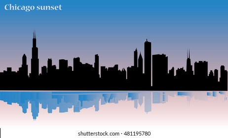 Chicago cityscape vector illustration - sunset - building reflexion in water - significant buildings from this town