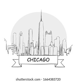 Chicago Cityscape Vector Sign. Line Art Illustration with Ribbon and Title.