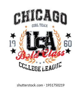 Chicago college typography for t-shirt. College league slogan tee shirt, sport apparel print. USA vintage graphics. Vector illustration.