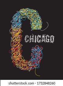 Chicago. bunt eine handgezeichnete Skizze mit Schreib-Stil auf schwarzem Hintergrund, Vektorgrafik