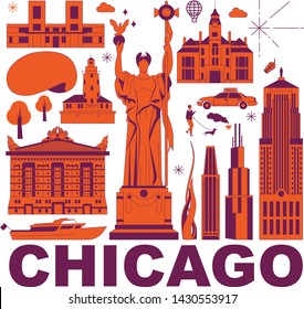 Chicago culture travel set, famous architectures and specialties in flat design. Business travel and tourism concept clipart. Image for presentation, banner, website, advert, flyer, roadmap, icons