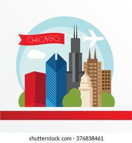 Chicago, detailed silhouette. Trendy vector illustration, flat style. Stylish colorful  landmarks. The concept for a web banner. 