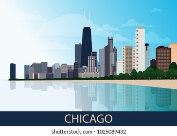 Chicago downtown business area background with skyscrapers, lake Michigan, park with green trees and blue sky at summer day. Great view of big usa city. Vector illustration EPS10