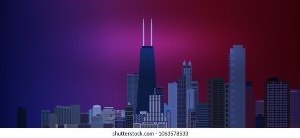 Chicago downtown business and finance area background with skyscrapers on blue and red background. Great view of big usa city. Vector illustration EPS10.