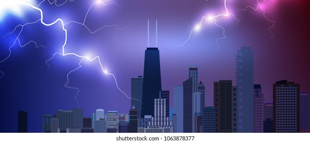 Chicago downtown business and finance area background with skyscrapers on storm background with lightnings. USA urban cityscape. Vector illustration EPS10.