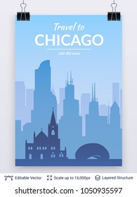 Chicago famous city scape. Flat well known silhouettes. Vector illustration easy to edit for flyers, posters or book covers.