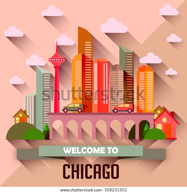 Chicago - Flat\
design city vector\
illustration