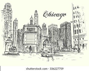 Chicago hand drawn city scene isolated illustration