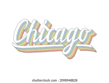 Chicago hand lettering 3d isometric effect with rainbow patterns.