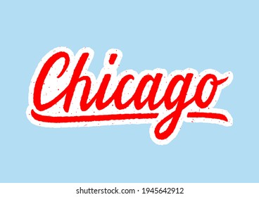 Chicago hand lettering with abstract red and white colors on blue background.