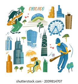 Chicago icons set. Traditional symbols, people and buildings full color vector illustration. Skyscrapers and landmarks.