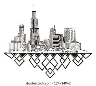 Chicago, IL Skyline. Black And White Vector Illustration EPS 8.