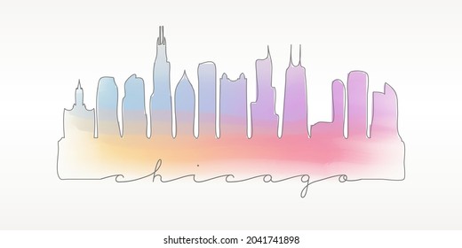 Chicago, IL, USA Skyline Watercolor City Illustration. Famous Buildings Silhouette Hand Drawn Doodle Art. Vector Landmark Sketch Drawing.