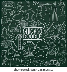 Chicago Illinois Chalkboard Doodle Icons. Sketch Hand Made Design Vector Art.