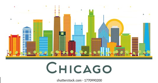 Chicago Illinois City Skyline with Color Buildings Isolated on White. Vector Illustration. Business Travel and Tourism Concept with Historic Architecture. Chicago USA Cityscape with Landmarks.