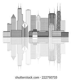 Chicago Illinois City Skyline Panorama Grayscale Outline Silhouette with Reflection Isolated on White Background Vector Illustration