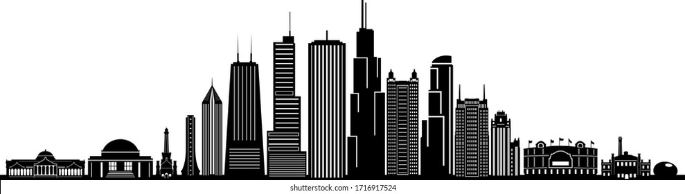 CHICAGO ILLINOIS City Skyline Silhouette Cityscape Vector