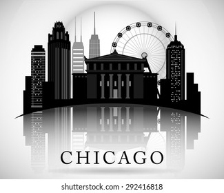 Chicago Illinois city skyline silhouette. Typographic Design