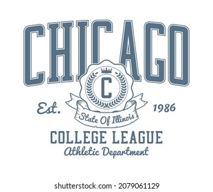 Chicago, Illinois college style t-shirt design. Typography graphics for athletic tee shirt. Original sportswear print. Vector illustration.