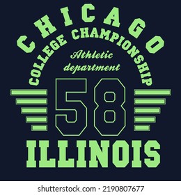 Chicago, Illinois college style t-shirt design. Typography graphics for athletic tee shirt. Original sportswear print. Vector illustration.